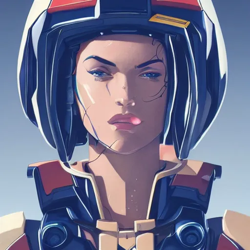 Image similar to portrait of stunning megan fox gundam pilot, with an intricate, detailed, urban inspired hiphop afro futuristic helmet, vector behance hd jesper ejsing, rhads, makoto shinkai, lois van baarle, ilya kuvshinov, rossdraws, hd, 3 2 k, ilya kuvshinov, gustav klimt