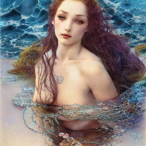 Prompt: realistic detailed face and body portrait of a mermaid by gerald moira, ayami kojima, amano, greg hildebrandt, ann long, and mark brooks, female, feminine, art nouveau, victorian, neo - gothic, gothic, character concept design