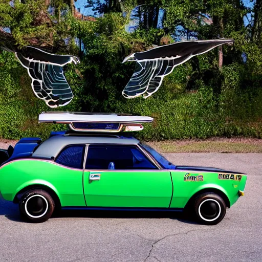 Prompt: A photograph of an AMC Gremlin with gull-wing doors.