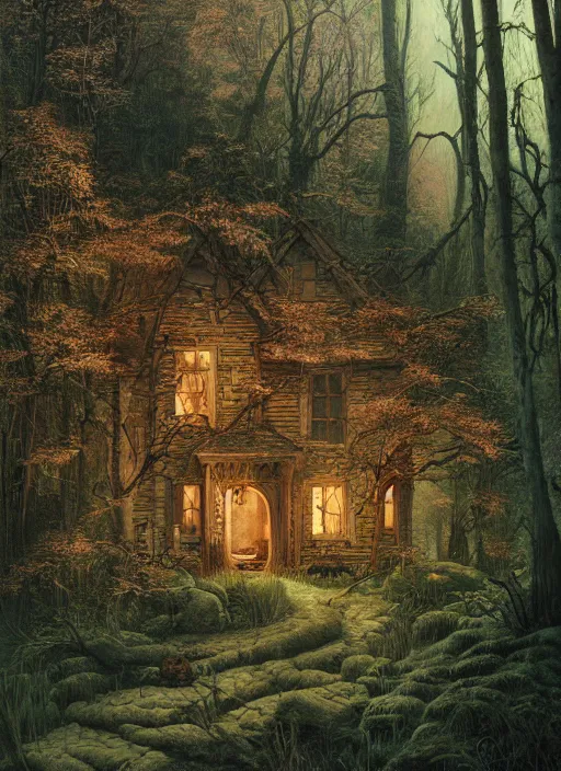 Image similar to hyper realistic witch cottage rococo in the woods gorgeous lighting, highly detailed, lush forest painting by zdzisław beksinski and norman rockwell and greg rutkowskiweta studio, and lucasfilm