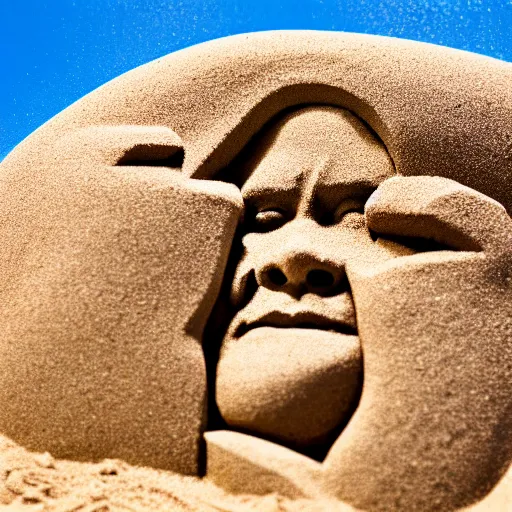 Image similar to sand sculpture of bob ross, on a busy beach, highly detailed, photograph, 5 0 mm f 1. 4, bright sunlight