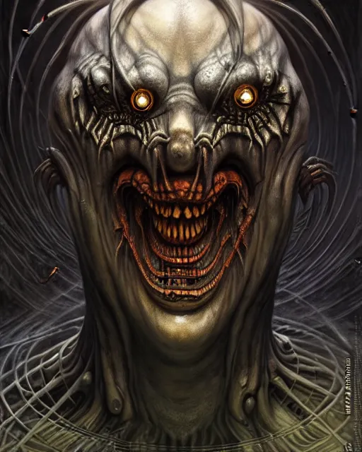 Image similar to giger fractal spider joker by tomasz alen kopera and peter mohrbacher, digital art, trending in artstation, cinematic lighting, studio quality, smooth render, unreal engine 5 rendered, octane rendered, art style by klimt and nixeu and ian sprigger and wlop and krenz cushart.