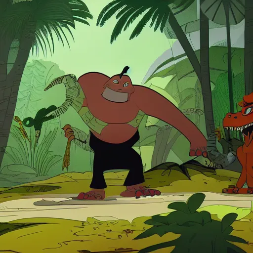 Image similar to tyrannosaurus in the jungle, genndy tartakovsky, samurai jack, studio la cachette, comic book, pulp