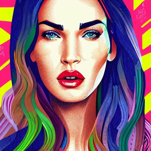 Prompt: megan fox colourful portrait by arunas kacinskas and mallory heyer, geometrical shapes and lines and small detailes, graphic design, sketch, minimalistic, procreate, digital illustration, vector illustration, doodle, applepencil, pop, graphic, street art