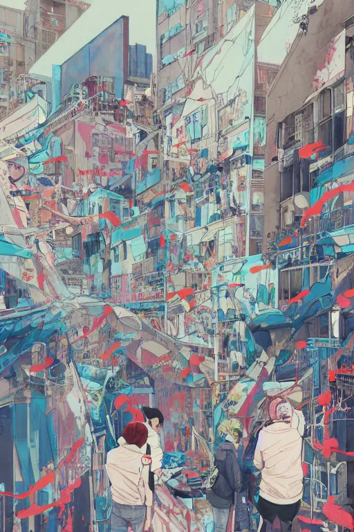 Image similar to people in a busy city people looking at a white building covered with graffiti paint dripping down to the floor, professional illustration by james jean, painterly, yoshitaka amano, hiroshi yoshida, moebius, loish, painterly, and artgerm, illustration