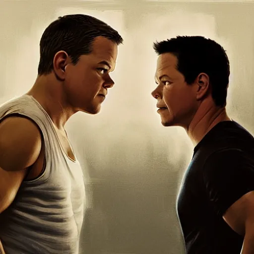 Image similar to Matt Damon and Mark Wahlberg looking at each other confused in the mirror, artstation, concept art, smooth, sharp focus, illustration, art by artgerm and greg rutkowski and alphonse mucha