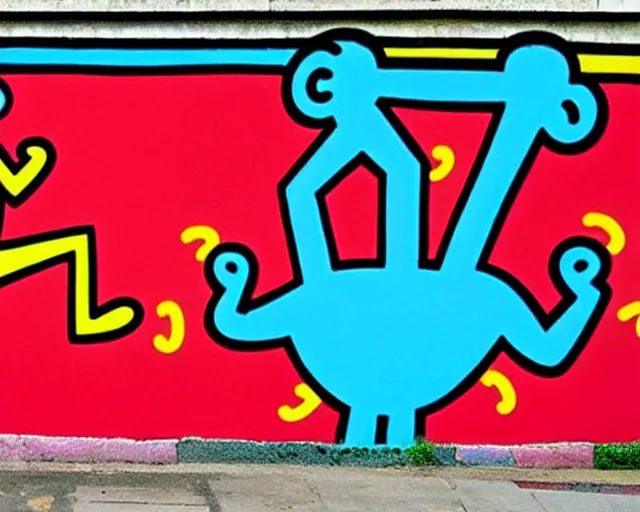 Image similar to gilberto gil street art by keith haring. gilberto gil smiling, eyes closed. bright blue background