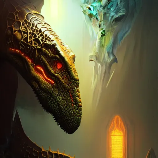 Prompt: dinosaur overlord, sci fi, glowing eyes, volumetric lights, gold theme, art nouveau botanicals, intricate, highly detailed, digital painting, artstation, concept art, smooth, sharp focus, cinematic, illustration, beautiful face, art by artgerm and greg rutkowski and alphonse mucha