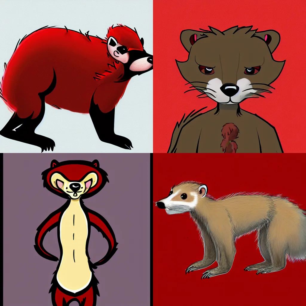 Prompt: digital colored sketch of a furry weasel / stoat fursona, anthropomorphic, furry art, red & black fur