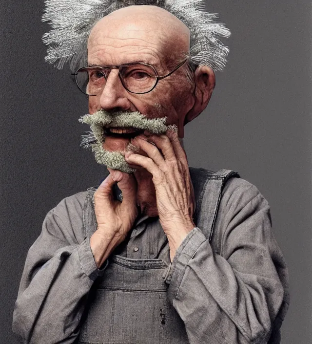 Prompt: full - length full shot photo of an old wizened stooped man wearing glasses and shapeless long grey overalls which cover his ankles with his feather duster under his left arm octane render, highly detailed by giuseppe arcimboldo alan lee james gurney