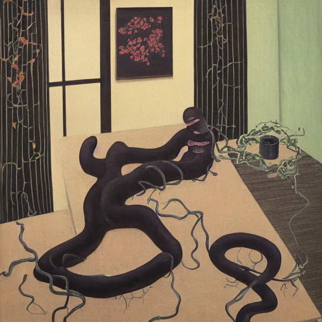 Image similar to a female pathology student in her apartment, wrapped in vines, medical equipment, candles, octopus, japanese tea ceremony, pig, black walls, ikebana, black armchair, sculpture, acrylic on canvas, surrealist, by magritte and monet