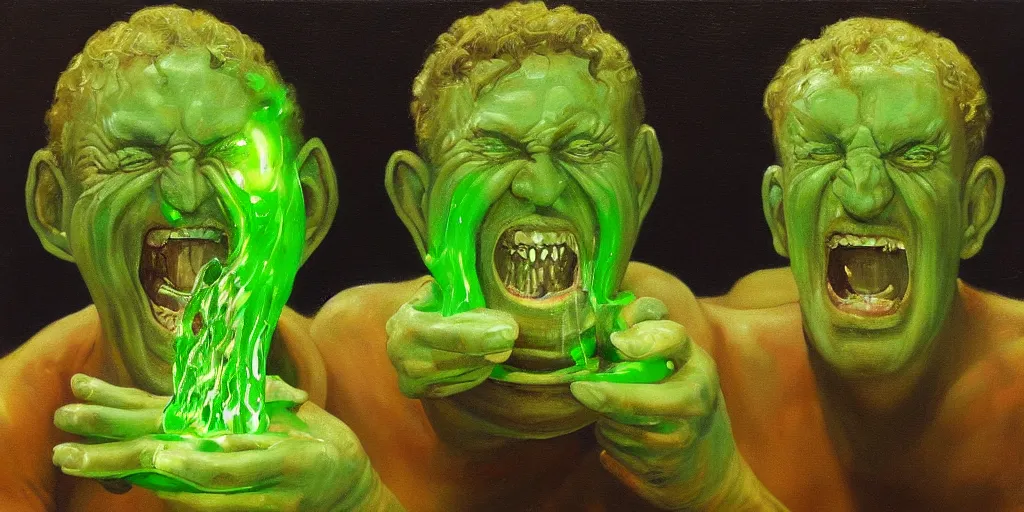 Image similar to clear oil painting of two greek medusas gorgons laughing holding goblets with a glowing green liquid. by frank frazzeta. trending on artstation.