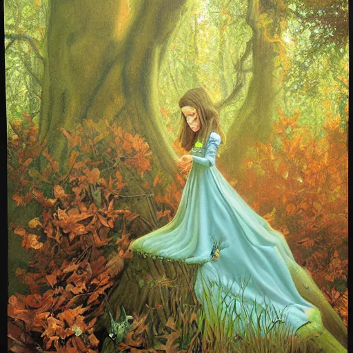 Prompt: detailed painting of a princess in the woods by Michael Whelan,