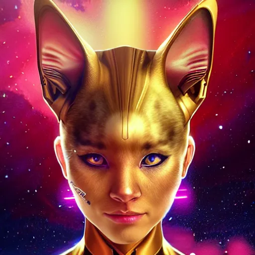 Image similar to a uhd photorealistic portrait of a cosmic cat wearing a starfleet uniform, holding a phaser, fantasy, sharp focus, intricate, sci - fi, artstation, matte, hyperdetailed, concept art, illustration, studio lighting, art by ilya kuvshinov, artgerm, alphonse mucha, amano, and karol bak