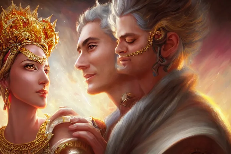 Image similar to close up moment of a divine a sun god and a moon goddess lovers magician at a wedding banquet, highly detailed, d & d, fantasy, highly detailed, digital painting, trending on artstation, concept art, sharp focus, illustration, art by artgerm and daniel gerhartz and magali villeneuve