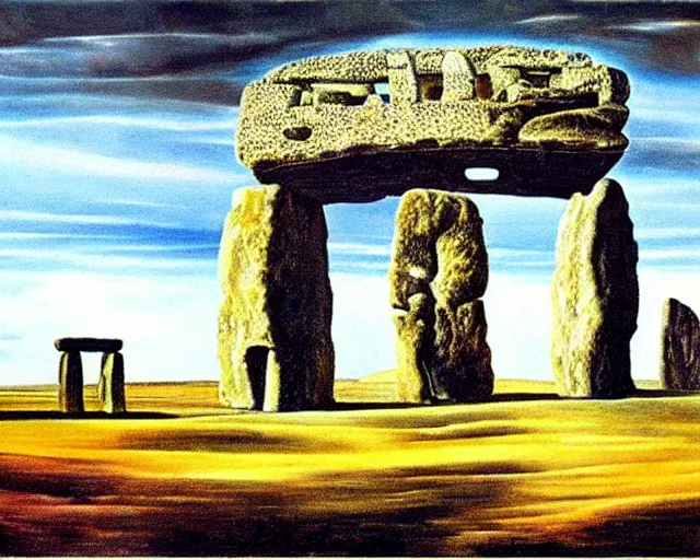 Image similar to painting of Stonehenge by Salvador Dali. several layers of perspective. Many points of view. mind bending illusions of perception