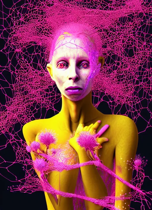 Image similar to hyper detailed 3d render like a Oil painting - Yolandi Visser seen Eating of the Strangling network of yellowcake aerochrome and milky Fruit and Her delicate Hands hold of gossamer polyp blossoms bring iridescent fungal flowers whose spores black the foolish stars by Jacek Yerka, Mariusz Lewandowski, Houdini algorithmic generative render, Abstract brush strokes, Masterpiece, Edward Hopper and James Gilleard, Zdzislaw Beksinski, Mark Ryden, Wolfgang Lettl, hints of Yayoi Kasuma, octane render, 8k