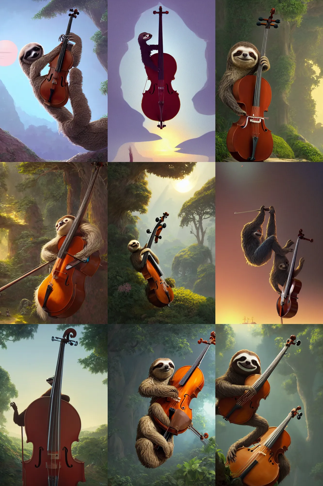 Prompt: a wholesome illustration of a sloth playing the cello, studio Ghibli, Pixar and Disney animation, sharp, Rendered in Redshift and Unreal Engine 5 by Greg Rutkowski, Bloom, dramatic lighting, sunrise