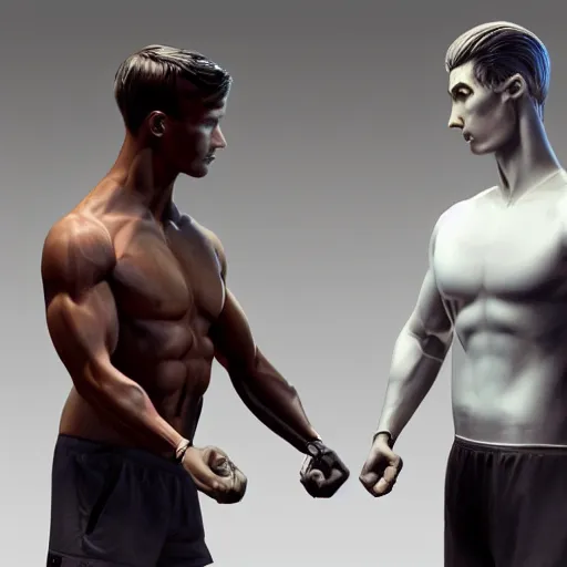 Image similar to a realistic detailed photo of a guy who is an attractive humanoid who is half robot and half humanoid, who is a male android, attractive and handsome jogger, shiny skin, posing like a statue, blank stare, in a factory, on display, showing off his muscles, wearing gym shorts, side view, looking at each other mindlessly