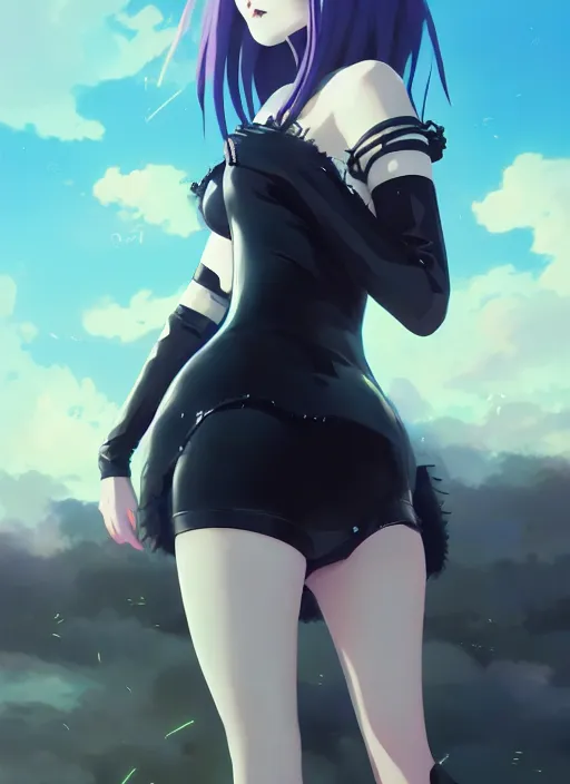 Image similar to portrait of cute goth girl in latex clothes, cloudy sky background lush landscape illustration concept art anime key visual trending pixiv fanbox by wlop and greg rutkowski and makoto shinkai and studio ghibli