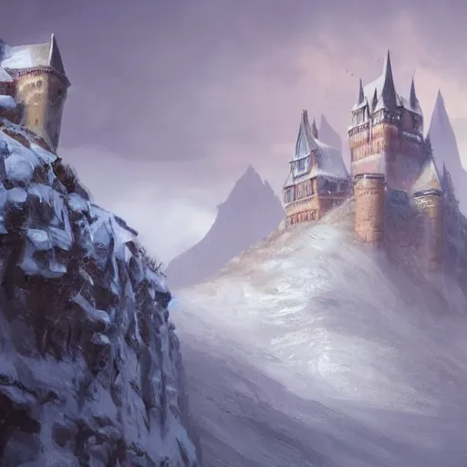 Prompt: a painting of a castle in the middle of a snowy mountain, a detailed matte painting by andreas rocha and greg rutkowski, featured on artstation, fantasy art, matte drawing, matte painting, artstation hq