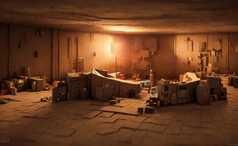 Image similar to inside a cardboard fort city, highly detailed, 8 k, hdr, award - winning, octane render, artstation