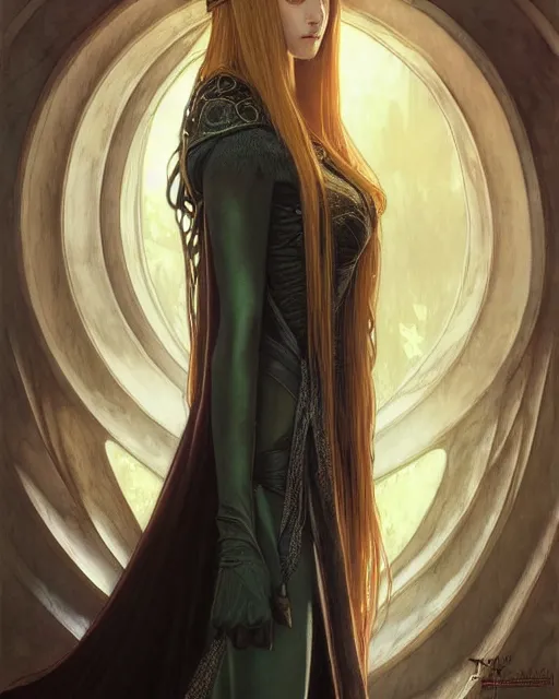 Image similar to portrait of katherine mcnamara elven mage, dark, piercing eyes, gentle expression, elegant clothing, photorealistic, highly detailed, artstation, smooth, sharp focus, art by michael whelan, artgerm, greg rutkowski and alphonse mucha