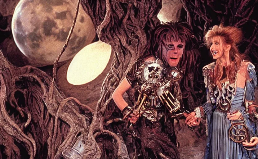 Image similar to movie still from the 1 9 8 8 sequel to labyrinth by jim henson's creature shop starring realistic practical - effects wondrous creatures and humanoid aliens in a maze - like steampunk fortress on the moon. fantasy adventure.