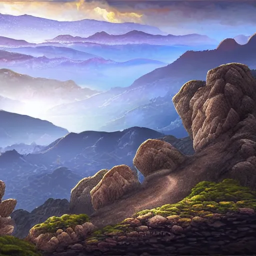 Image similar to grand landscape of rocky hills, art by kotaro chiba, digital art