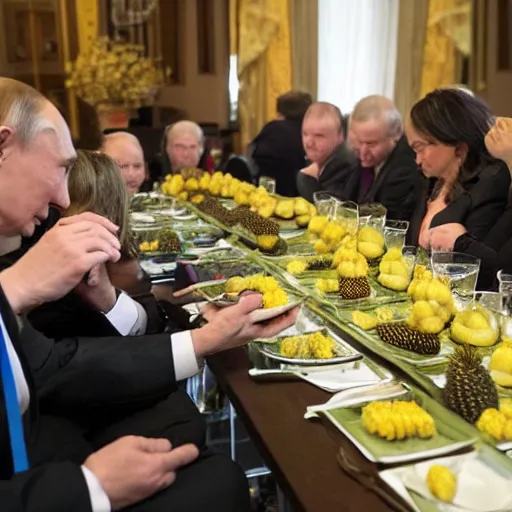 Image similar to Putin dines on tiny pineapples, at his feet huddle jaguar ladies, the room is raucous and joyful, high definition.