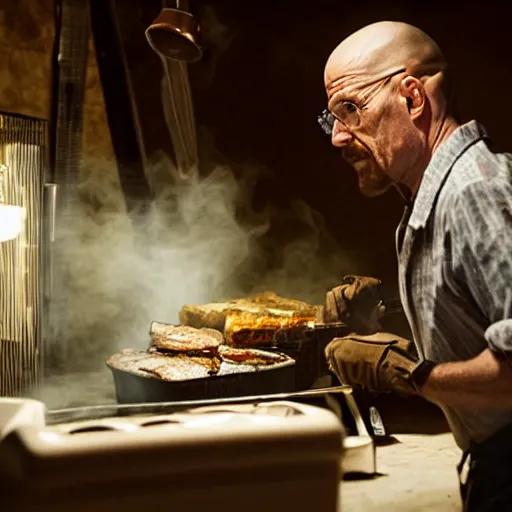 Image similar to Walter White grilling steaks in the desert, intense lighting, still from breaking bad