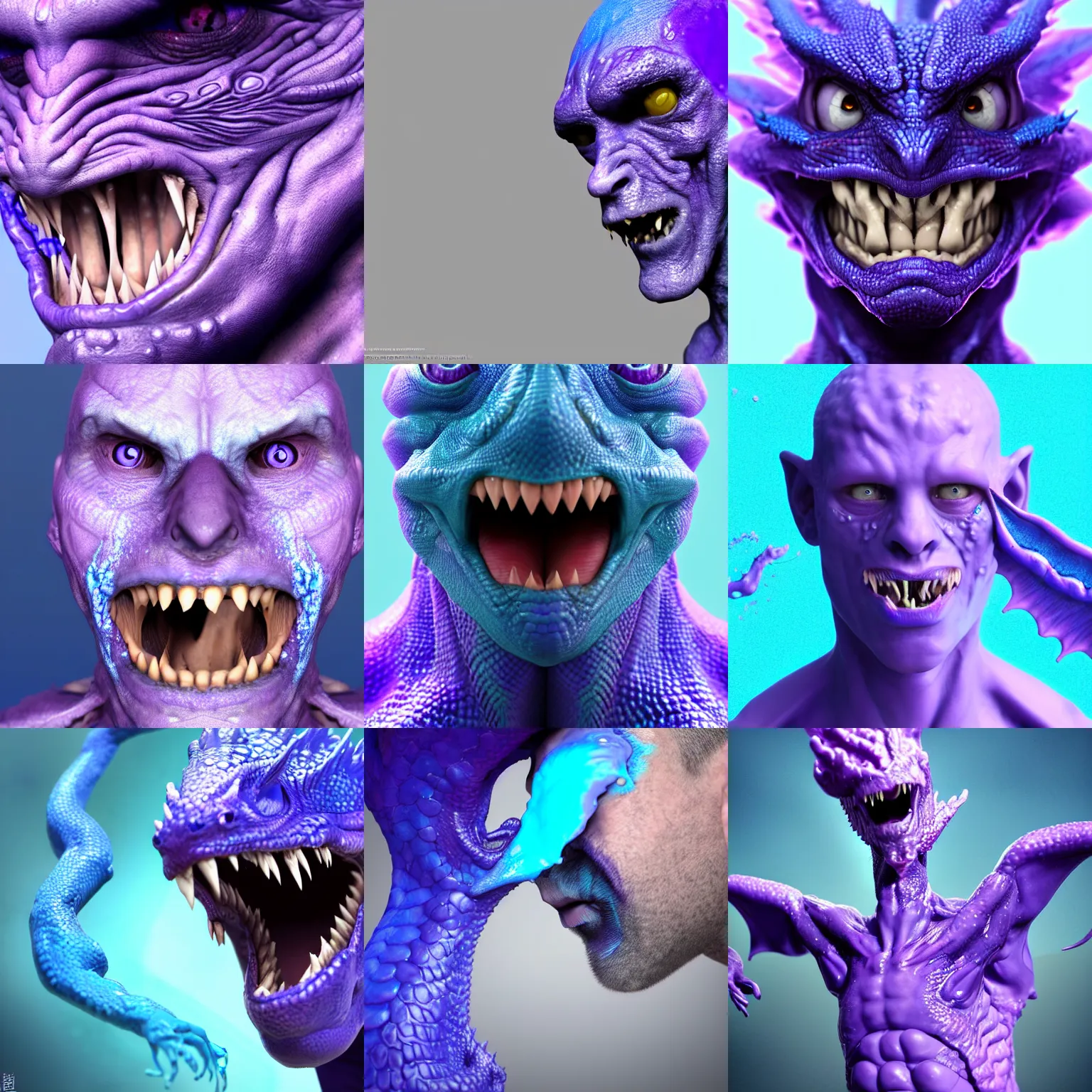 Prompt: man getting hit by a small wave of blue goo, transforming him into a violet humanoid - dragon, digital art, concept art, face close - up, lizardlike tongue, tail, wings, trending on artstation, gooey, highly detailed, slimey, rich iridescent colors, 8 k hd, 3 d render, d & d