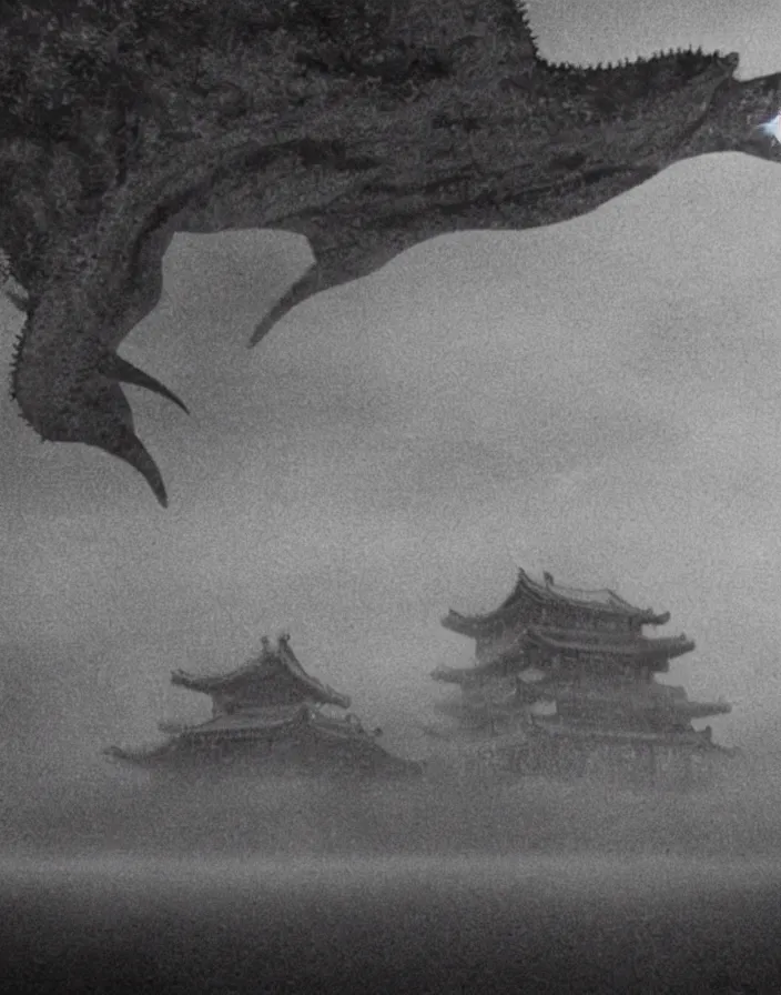 Image similar to a filmstill of a north korean monster movie, kaiju - eiga monster starfish - like trampling a traditional korean palace, foggy, film noir, video compression