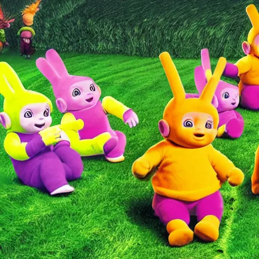 Prompt: teletubbies burying a man alive
