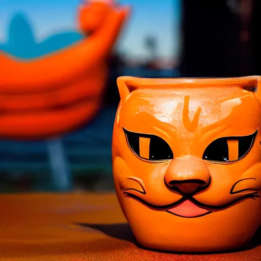 Image similar to a closeup photorealistic photograph of a glossy orange cat garfield style tiki mug sitting at a trader vic's beach bar featuring garfield's face. tiki theme. bright scene. fine detail. this 4 k hd image is trending on artstation, featured on behance, well - rendered, extra crisp, features intricate detail, epic composition and the style of unreal engine.