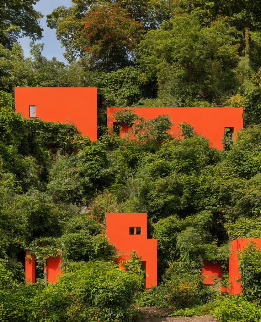 Image similar to a red and orange and yellow concrete house surrounded by rampant vine growth, in a castle garden, dappled sunlight, 35mm photography, in the style of david chipperfield and gregory crewdson