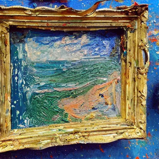 Image similar to oil paint impasto relief, beautiful italian beach scene, multi layered thick brush marks, some splattered paint, in the style of monet and frank auerbach