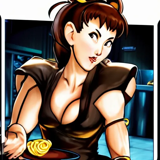 Prompt: chun li eating pasta