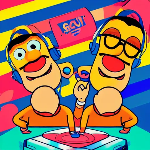 Image similar to svg sticker of a Pop-Wonder Bert&Ernie, Sesame-Street, at a rave, spinning records, giant headphones rocking out, wearing headphones, huge speakers, dancing, rave, DJ, spinning records, digital art, amazing composition, rule-of-thirds, award-winning, trending on artstation, featured on deviantart