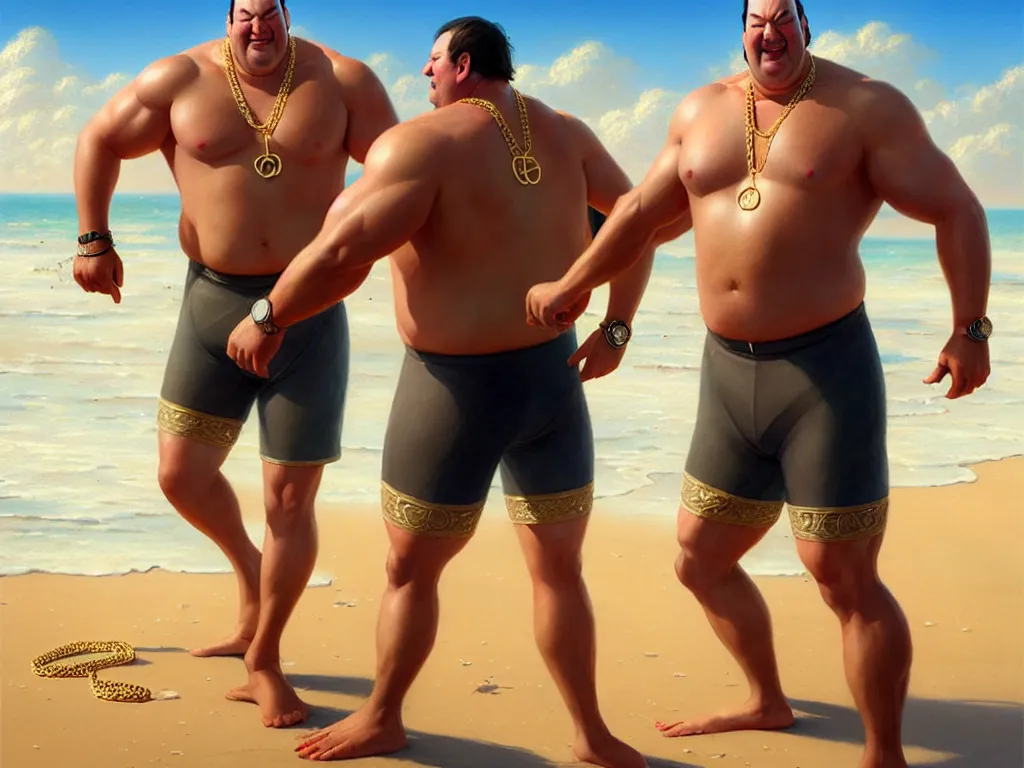 Image similar to super muscular kevin malone wearing cycling shorts and gold chains laying on the beach, elegant, real life skin, intricate, high detailed, artstation, concept art, smooth, sharp focus, art by artgerm and greg rutkowski