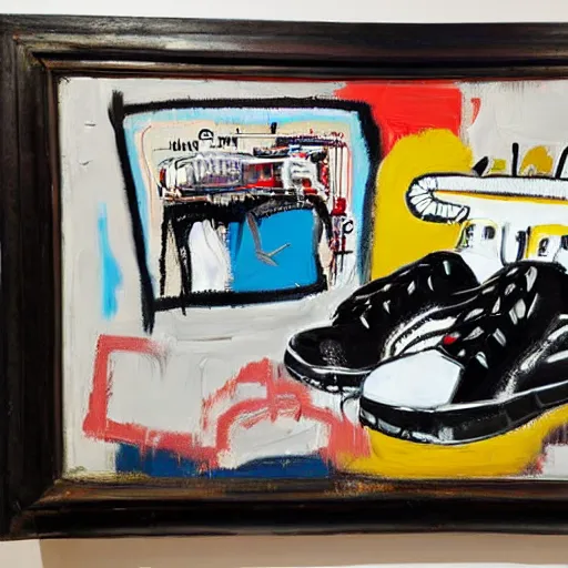 Image similar to basquiat oil painting of robot sneakers, balenciaga,
