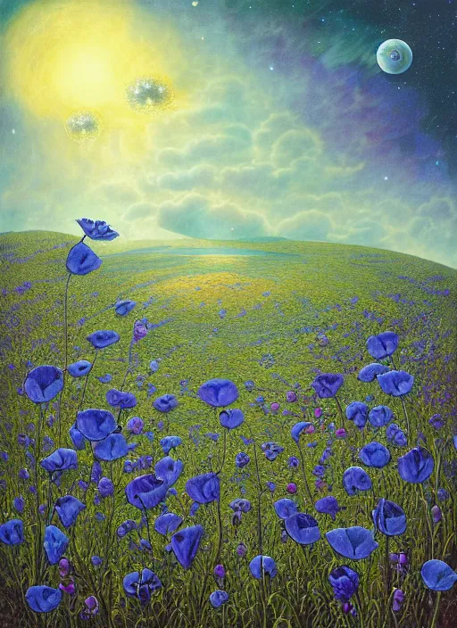 Image similar to detailed, intricate blue black and purple papaverum flower on the field, nebula, galaxy in the sky, winning award masterpiece, fantastically beautiful, illustration, aestheticly inspired, jacek yerka, upscale with anguissola sofonisba work, artstation, 8 k