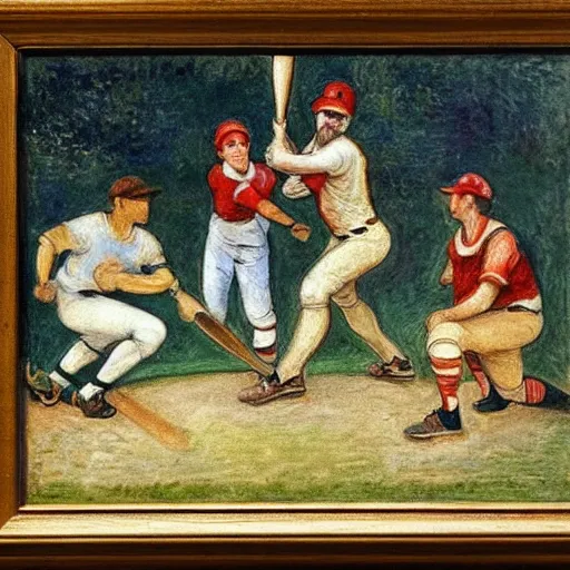 Prompt: baseball party painted by da vinci and claude monet