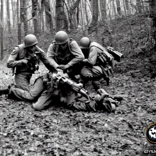 Image similar to ww 2 battlefield encounter in the woods between 2 american soldiers and a german soldier