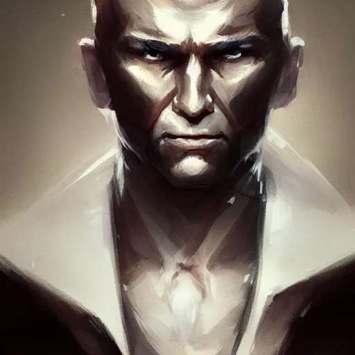 Prompt: Portrait of a man by Greg Rutkowski, he is about 30 years old, mxiture between japanese and russian, white hair, sinister attitude, punchable face, he is wearing a futuristic hitman outfit, highly detailed portrait, scifi, digital painting, artstation, concept art, smooth, sharp foccus ilustration, Artstation HQ