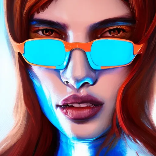 Image similar to closeup painting of a very beautiful young mexican cyberpunk woman smirking, wearing light blue shades and a leather jacket, one side haircut, long brown hair with light blue ends, portrait, hyperdetailed, artstation, cgsociety, 8 k