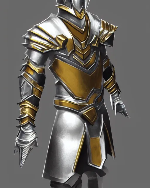 Prompt: fantasy armor, clean, shiny silver armor with gold trim, trending on artstation, flat shading, extremely smooth, orthographic front view, professional