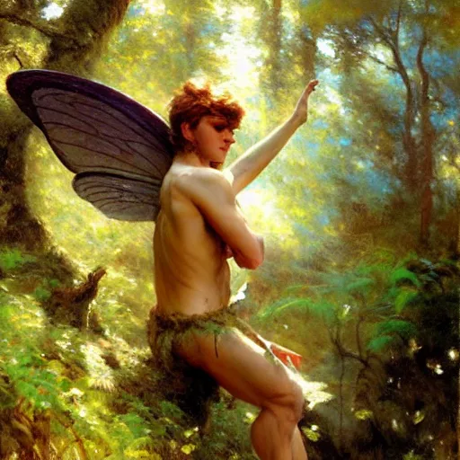 Image similar to attractive male fairy with wings in the forest, posing. highly detailed painting by gaston bussiere, craig mullins, j. c. leyendecker, 8 k