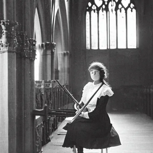 Image similar to a young edwardian woman playing a violin inside a cathedral, black and white photograph