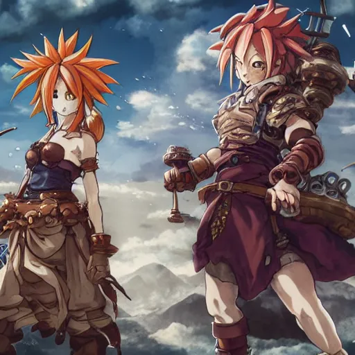 Image similar to steam punk, chrono trigger, detailed anime characters, starring crono, marle and ayla, vivid light, greg rutkowski, uhd, uhd uhd uhd, 8 k, shallow depth of field, intricate detail, concept art!